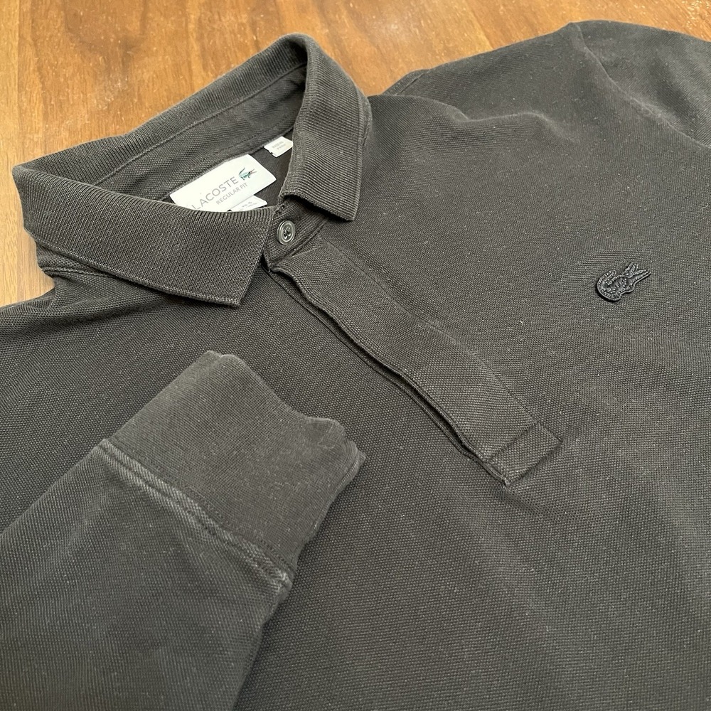 Lacoste Polo Shirt Large Black Long Sleeve Pique Knit Cotton Classic Logo